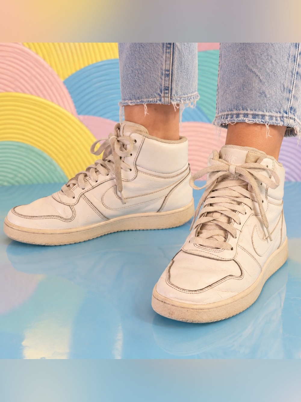 Nike White Leather Mid Top High Top Sneakers Retro Basketball size 9